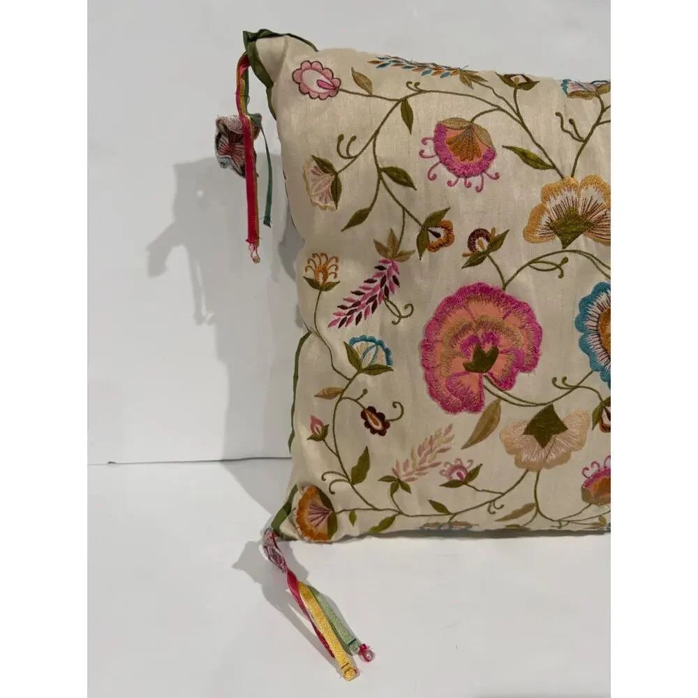 Pier 1 Floral Embroidered Floral Throw Pillow Square Pink Green Applique Tassel